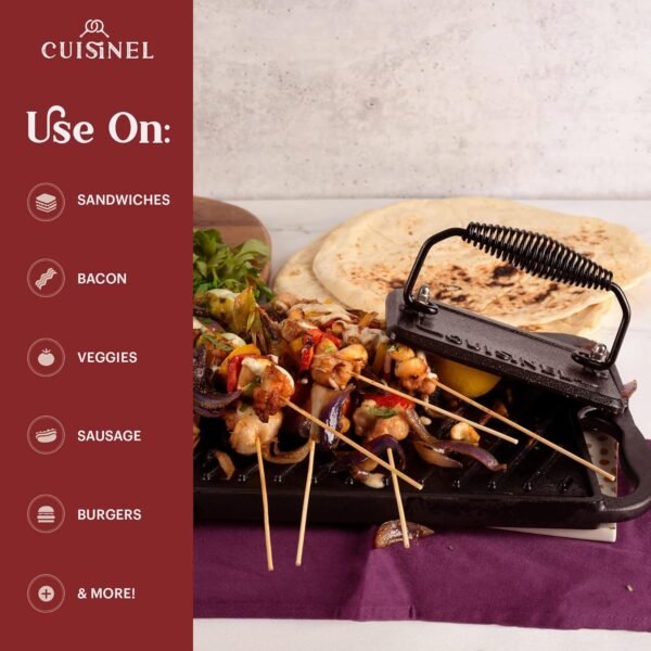 Cuisinel Cast Iron Grill Pan + Rectangular Cast Iron Grill Press + Tempered Glass Lid + Pan Scraper – Pre-Seasoned Ribbed Skillet – 10.5"-Inch Square Grillig Indoor/Outdoor Camping Fire BBQ Cookware - Image 7