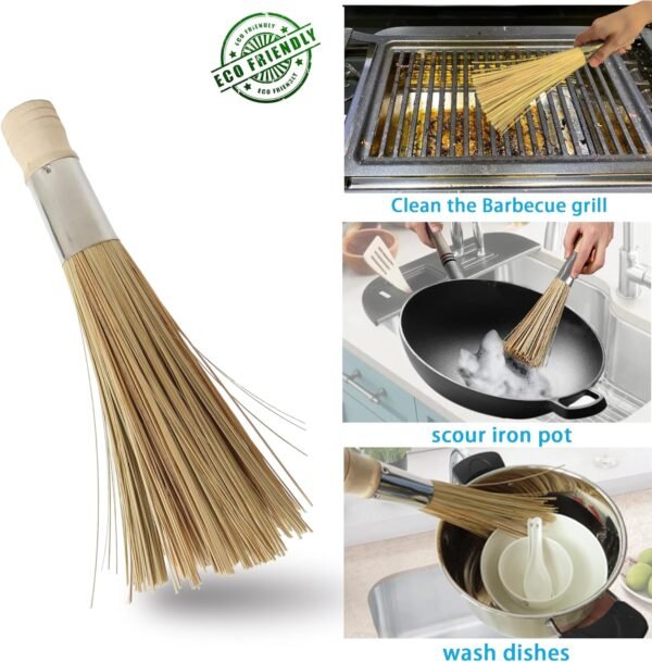 LSZSSJ9.84-inch Natural Bamboo Brush Kitchen Cleaning Brush, Used to Clean Grills, Pans, and stoves, Without damaging The Surface, 2 Bamboo Brushes - Image 2