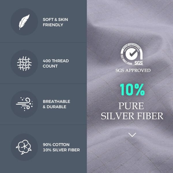 Grounding Sheets Queen, 90% Organic Cotton + 10% Pure Silver Fiber, Fitted Earth Sheets with 15 ft Grounding Cord, Queen Size 60"x 80"x 15", Gray - Image 2