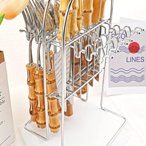 24-Piece Bamboo Flatware Set, Silver Stainless Steel Tableware Set With Cutlery Holder, Kitchen Utensils For Home And Restaurant Daily Use, Mirror Polish, Service For 6 - Image 6