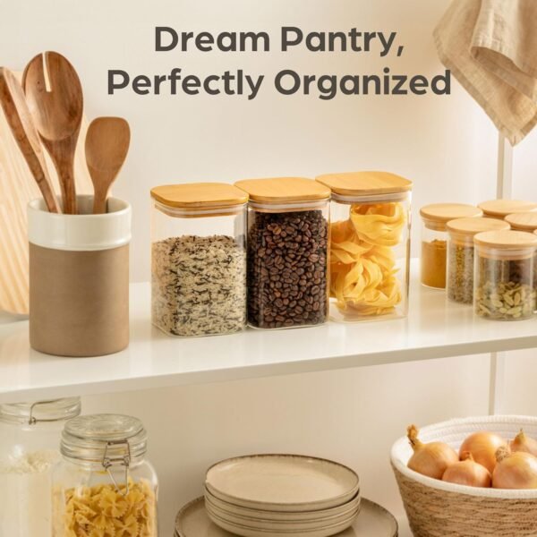 Kitchen Storage Jars 34oz - Set of 3 Bamboo Lid Storage Containers - Square Glass Food Storage Jars - Airtight Glass Pantry Storage - Image 4