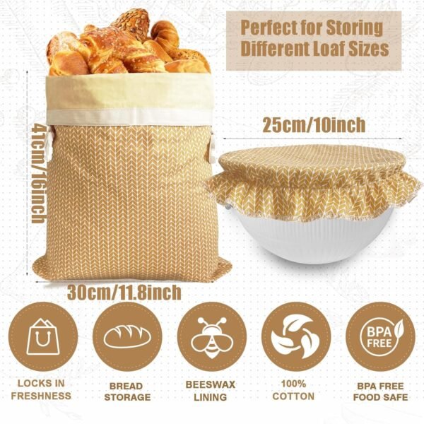 Reusable Beeswax Bread Bag - Cotton Beeswax Bread Bags With Cotton Bowl Cover Set for Homemade Bread,Freezer Storage Bag to Keep Fresh,Sourdough Bread Food Bag Baking Set - Image 3