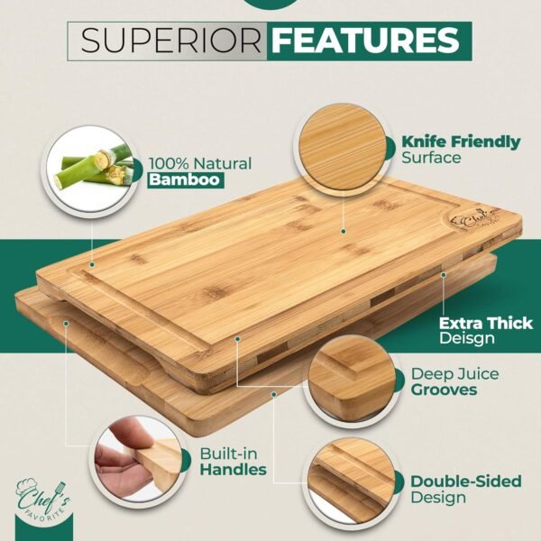 CHEF'S FAVORITE Bamboo Cutting Board Set of 3 - Pre-Oiled Chopping Board with Built-In Handles - Large, Medium, Small Boards - Double-Sided Kitchen Cutting Board - Juice Grooves for Mess-Free Cutting - Image 2