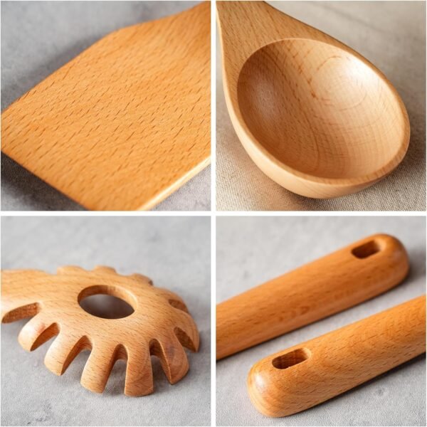 11 PCS WOSPONFAN Kitchen Utensils Set - Wooden Spoons for Cooking, Natural Beech Wood Wooden Utensils - Includes Wooden Spoons, Spatula Set, Slotted Spoon - Handmade Wooden Spoon Set - Image 8