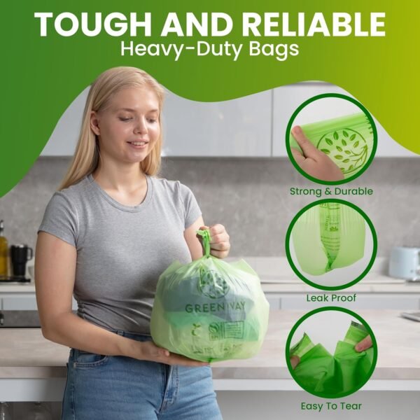 GREENWAY 1.6 Gallon Compostable Trash Bags Handle tie, 100 Count, Biodegradable Trash Bags for Countertop Bin, Kitchen, Office, and Outdoor, US BPI & Europe OK Compost Home Certified - Image 4