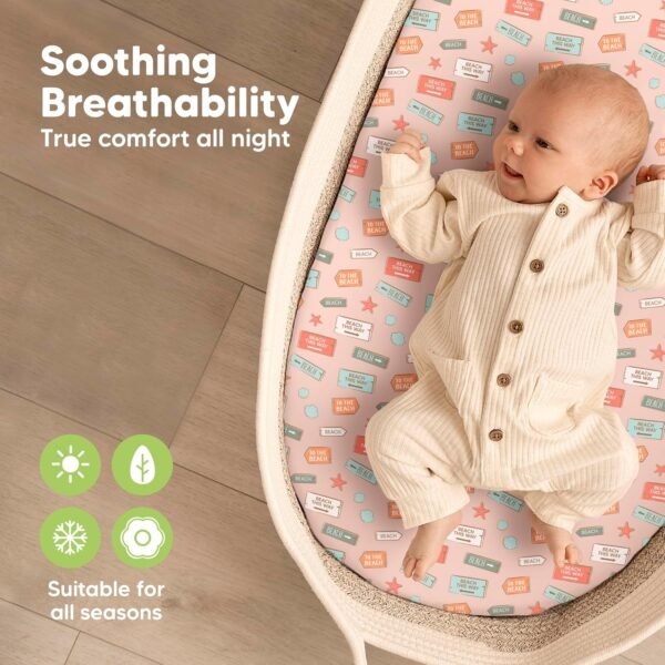 2-Pack Organic Bassinet Sheets for Girls, Boys - 100% Cotton Bassinet Mattress Sheets Compatible with Halo Bassinest Swivel Sleeper, Graco,Baby Delight,Chicco,Unisex Fitted Bassinet Sheets (Beach Day) - Image 4
