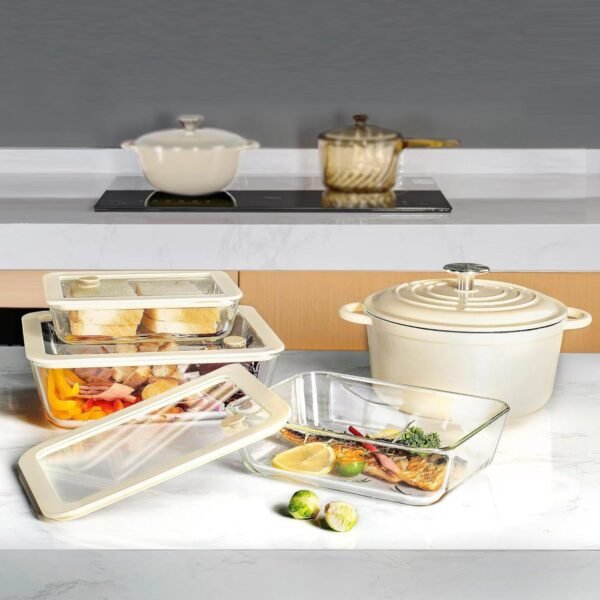 Urban Green Glass Food Container Set with Glass Lid, 3 Pack, Glass Containers with Silicone Framed Glass Lid, Airtight, LeakProof, 100% Plastic Free, Glass Meal Prep Containers (White Color) - Image 5