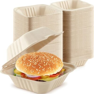 Clamshell Take Out Food Containers 6" x 6” (50 Pack) 1-Compartment, Disposable To Go Container, Togo Boxes With Lids, Trays for Lunch, Dinner, Meal-Prep, Eco Friendly, Compostable, Biodegradable
