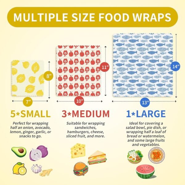 Beeswax Wraps for Food, Reusable Beeswax Wraps 9 Pack, Beeswax Wrap/Fish Apple Lemon - Image 2