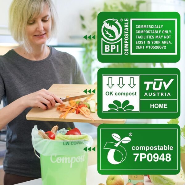 Lucky Family Green Compost Bags for Kitchen Countertop Bin -1.3 gallon trash bags to 1.6 Gallon trash bags - 100% Compostable Trash Bags for Food Waste, Organic Biodegradable Trash Bags - 50 Bags Roll - Image 4