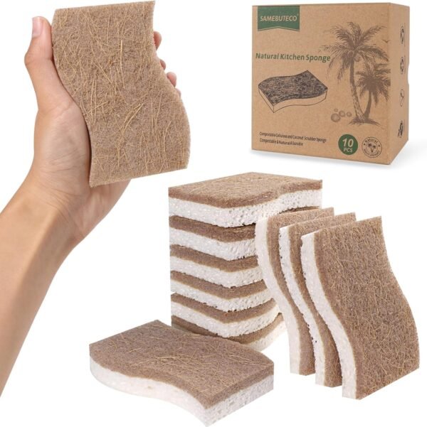 Natural Kitchen Sponge Dish Sponge for Kitchen Coconut Fiber and Wood Cellulose Scrubbing Sponges for Heavy Duty Kitchen Grime S Shape Kitchens Sponges 10 PCs