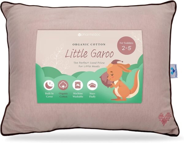 Pharmedoc Little Garoo Toddler Pillow with Pillowcase – 14x19 Pillow – Mocha Organic Cotton Toddler Pillows for Sleeping, Kids Pillow, Travel Pillows for Sleeping, Mini Pillow, Toddler Bed Pillows