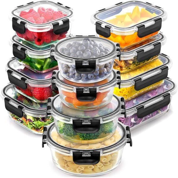 Zulay Kitchen 12 Pack Glass Meal Prep Containers with Lids - Airtight, Premium Borosilicate Glass Food Storage Containers - Microwave, Freezer & Oven Safe, BPA Free - Black