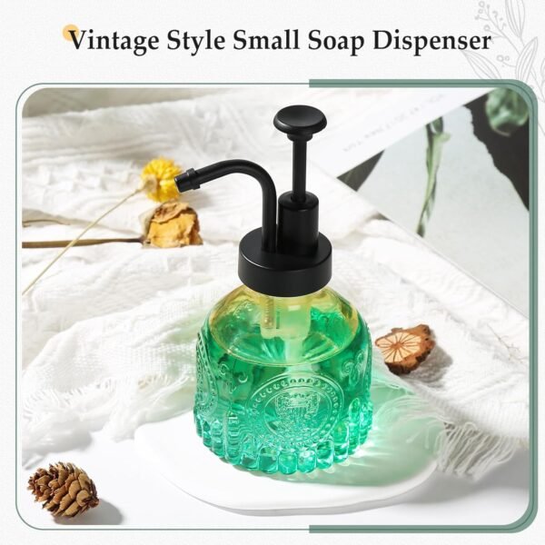 Green Soap Dispenser, Small Hand Soap Dispenser Bathroom, Vintage Glass Soap Dispenser with Pump, 7 oz Mini Dish Soap Dispenser for Kitchen, Liquid Bathroom Countertop Soap and Lotion Bottles - Image 5