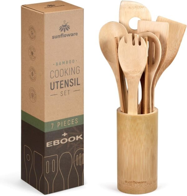 Wooden Bamboo Cooking Utensils Set - 8pcs Kitchen Utensil Set with Holder - Wooden Spoons for Cooking & Nonstick Cookware - Easy to Clean - Great Gift for Friends & Family