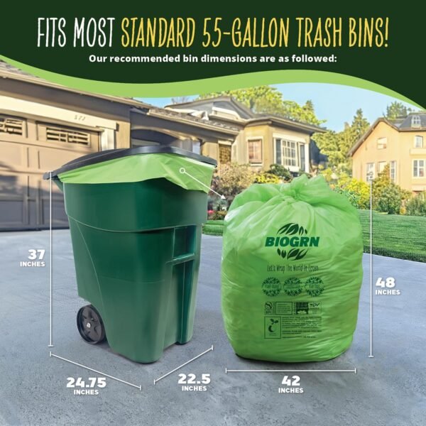 55 Gallon Compostable Trash Bags Flat-Top, Heavy Duty Extra Thick 1.57 Mil, 208.2 Liter, 12 Bags, Large Lawn and Yard Waste Bag, ASTM D6400, US BPI and OK Compost Home Certified - Image 2