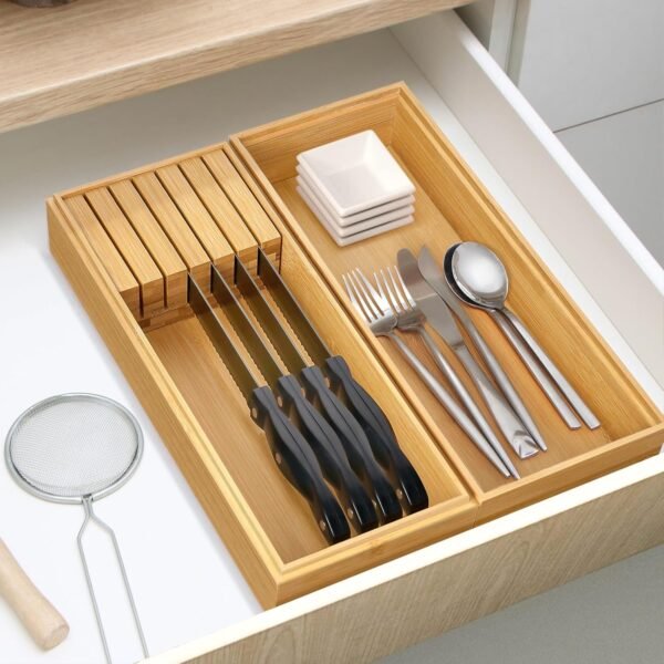 Bamboo Drawer Organizer, Bamboo Storage Box, Knife Drawer Organizer, Multifunctional Wooden Drawer Organizer 15" x 6" x 2" Set of 2 - Image 3