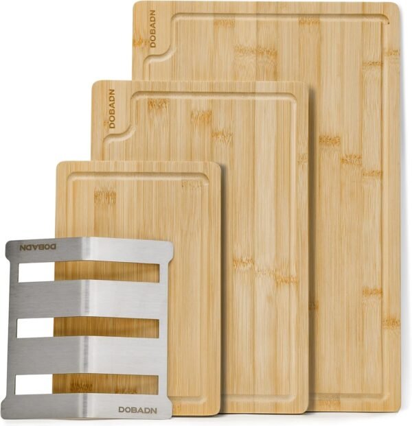 Bamboo Cutting Board Set for Kitchen,Set of 3 Chopping Boards with Juice Groove, Natural Wood Cutting Boards with Stainless Steel Holder, Cutting Board Set for Butcher Block, Cheese, Vegetables - Image 8