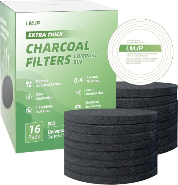 16 Pack Charcoal Filters for Kitchen Countertop Compost Bins - Extra Thick 0.4" for Longer Lasting Activated Carbon - Universal Size Fits Up to 6.7 Inches