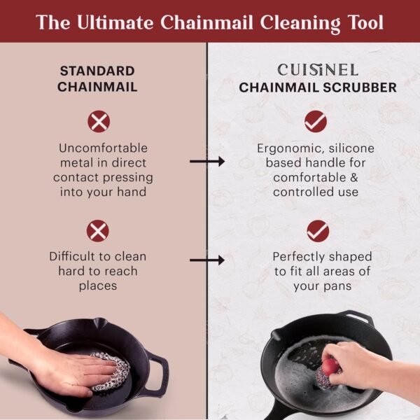 Cuisinel Cast Iron Chainmail Scrubber + Pan Scraper - The Patented Original Ergonomic Stainless & Silicone Pot & Skillet Cleaner - Premium Food-Safe Design - Easy Clean Dishwasher Safe Cookware Sponge - Image 6