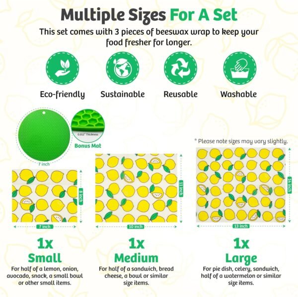 Beeswax Wraps for Food - Pack of 3 Food Wraps (S, M, L) with Green Versatile Mat | Biodegradable Bees Wax Wraps Reusable and Washable | Eco-Friendly & Plastic-Free Food Storage Beeswax Paper - Image 2