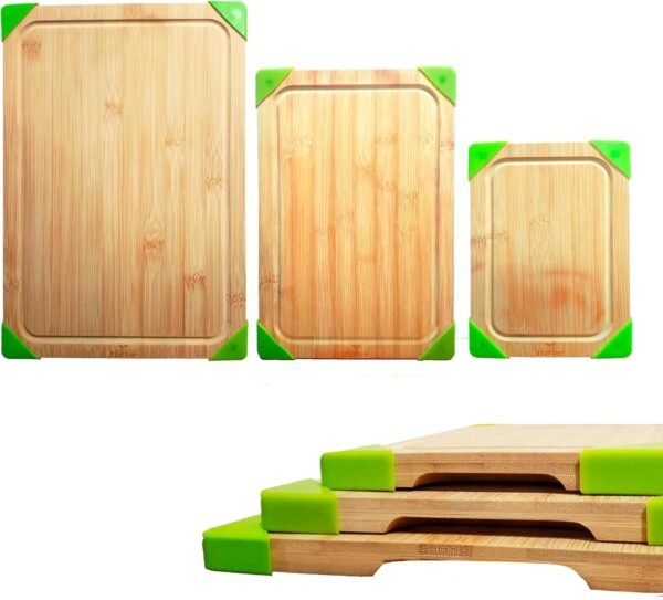 Bamboo Cutting Boards for Kitchen, Set of 3 with Juice Slot and Non-Slip Corners, Double-Sided Wooden Chopping Board for Meat, Fruits, Vegetables and Cheese - Image 4