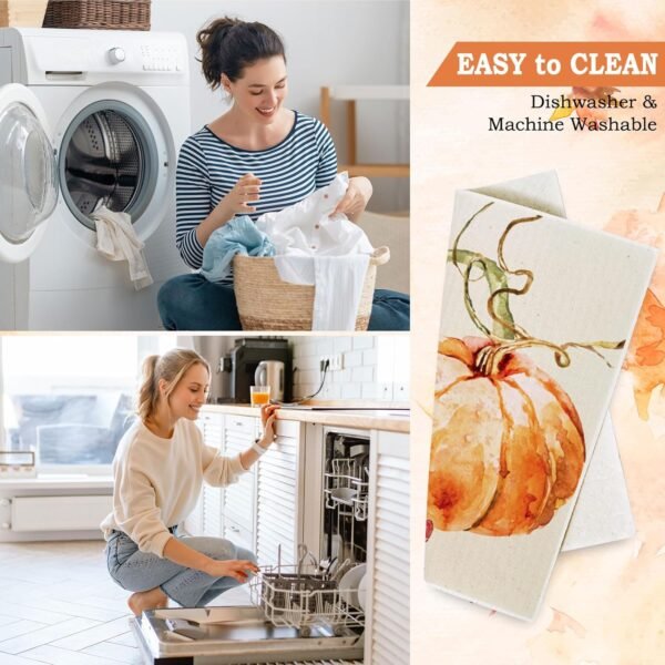Whaline Fall Pumpkin Swedish Dishcloth Autumn Cotton Kitchen Towel Pumpkin Absorbent Dish Towel for Housewarming Cleaning, 4Pcs, 7.7 x 6.9 Inch - Image 3