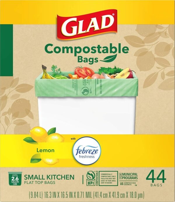 Glad Trash Bags, Kitchen Compost Bags 2.6 Gallon Garbage Bags, 100% Compostable Bag, Febreze Lemon, 44 Count (Package May Vary), Light Yellow - Image 15