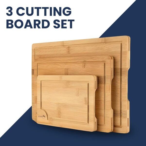 KITCHENIER. Set of 3 Thick Bamboo Cutting Boards for Cooking or Serving, with Juice Groove and Handles. For meats, cheeses and vegetables. Organic material, easy to wash - Image 4