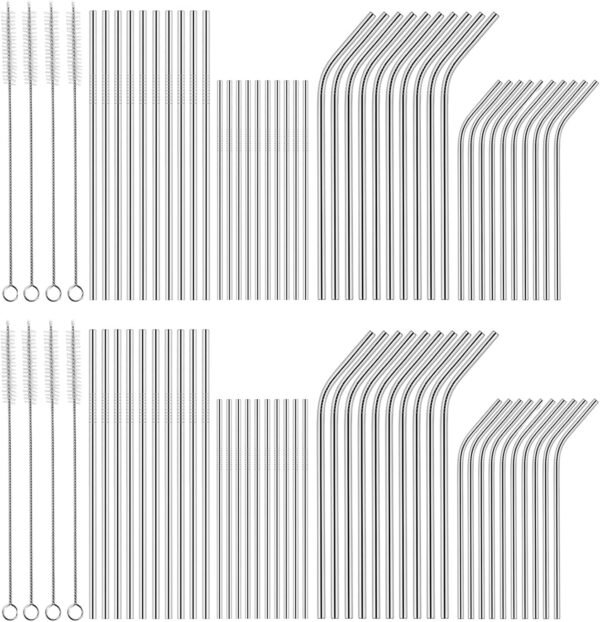100Piece Reusable Stainless Steel Straws 8.5" 10.5" Metal Drinking Smoothie Straws for Tumblers 20oz-32oz with Cleaning Brush