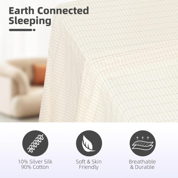 Grounding Fitted Sheets 90% Organic Cotton+10% Pure Silver Fiber, Grounded Sheets with Grounding Cord, Bed Grounding Kit for Healthy Sleep Therapy (Beige, Queen XL) - Image 4