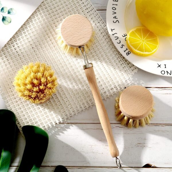 Dish Brush with Beechwood Handle with 2 Replacement Heads Natural Wood Dish Scrub Brush for Washing and Cleaning Pots and Pans - Image 5