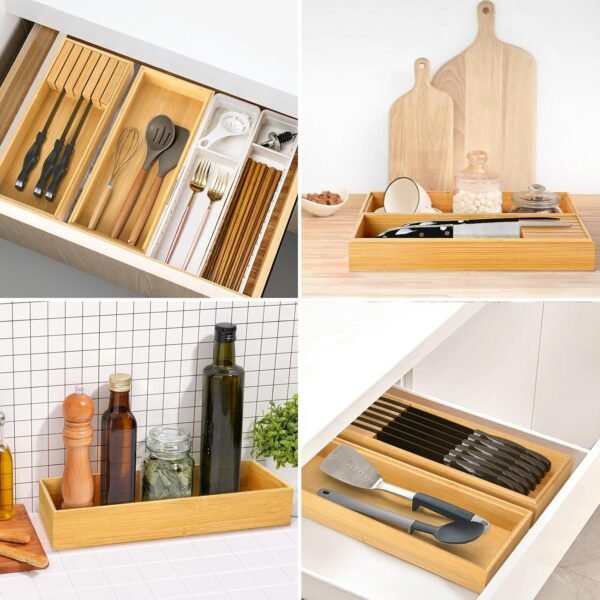 Bamboo Drawer Organizer, Bamboo Storage Box, Knife Drawer Organizer, Multifunctional Wooden Drawer Organizer 15" x 6" x 2" Set of 2 - Image 5