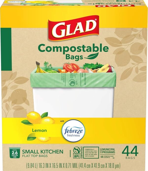 Glad Trash Bags, Kitchen Compost Bags 2.6 Gallon Garbage Bags, 100% Compostable Bag, Febreze Lemon, 44 Count (Package May Vary), Light Yellow - Image 16