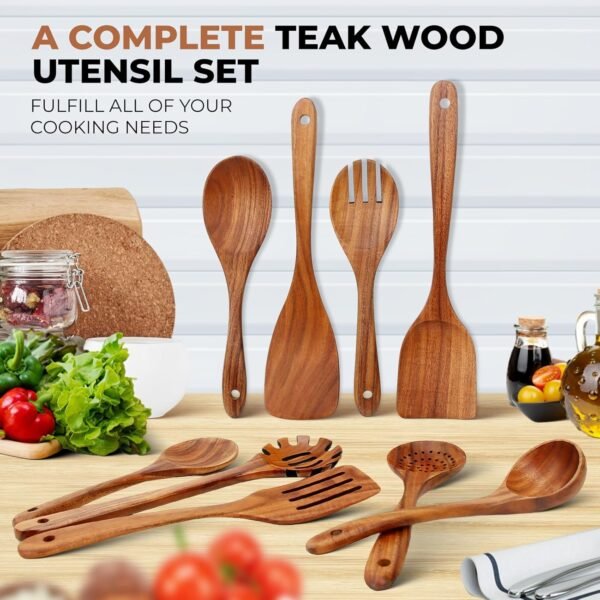 9 Piece Wooden Kitchen Utensils Set, Smooth Finished Wooden Spoons for Cooking, Natural Teak Cooking Utensil Set - Comfortable Grip, Durable & Sturdy - Image 2