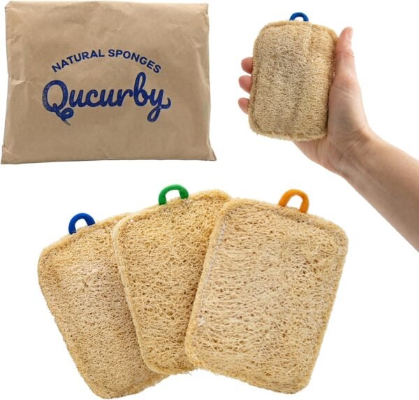 All Natural Loofah Kitchen Sponge (3 Pack) - Eco Friendly Sponges - Compostable Sponge - Biodegradable Sponge - Natural Sponges for Dishes (Paper Bag Packaging)