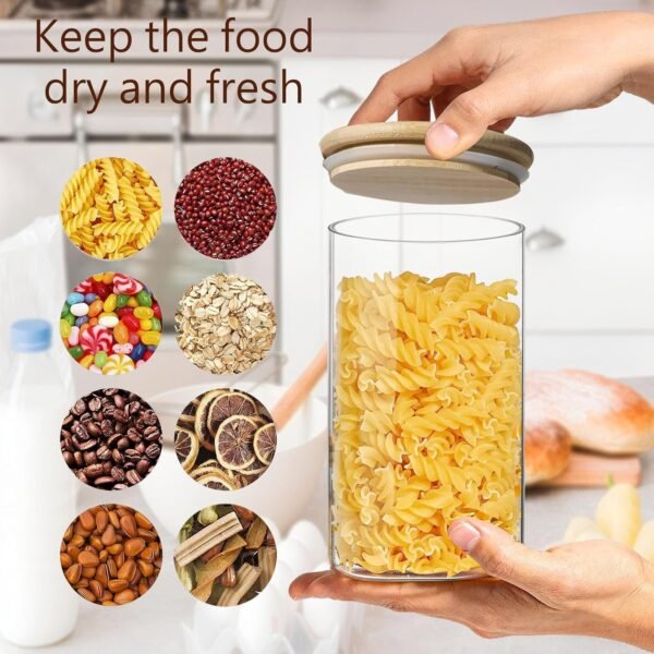 Airtight Glass Storage Canister with Wood Lid(40 fl.oz), Clear Food Storage Container Jar with Sealing Bamboo Lid for Noodles Flour Cereal Rice Sugar Tea Coffee Beans, Round Set of 3 - Image 6