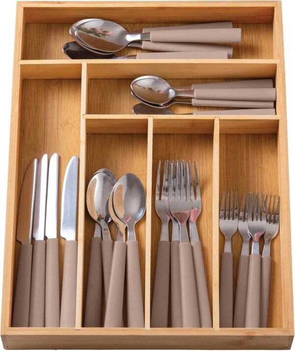 COOK WITH COLOR Bamboo Kitchen Utensil Set with Drawer Organizer | Cooking Tools and Storage Caddy, Brown, 25 Piece Cutlery Set