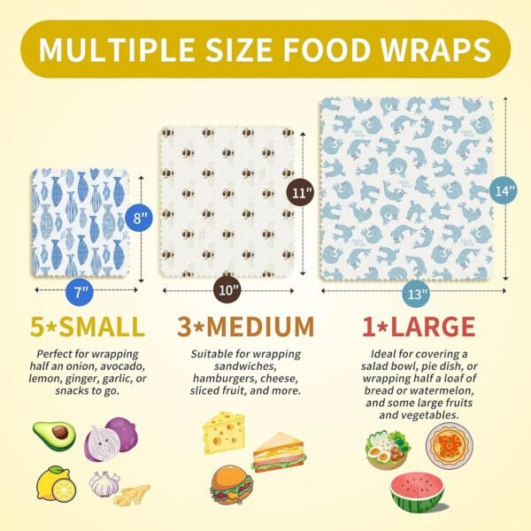 Beeswax Food Wrap 9-Pack (5S 3M 1L), Reusable Beeswax Wraps, Beeswax Wraps Reusable Sustainable Food Storage, Plastic-Free/Seal Bee Fish - Image 2