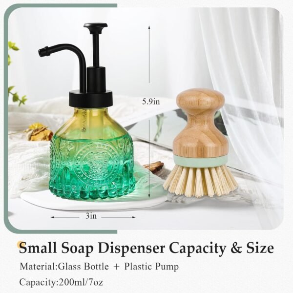 Green Soap Dispenser, Small Hand Soap Dispenser Bathroom, Vintage Glass Soap Dispenser with Pump, 7 oz Mini Dish Soap Dispenser for Kitchen, Liquid Bathroom Countertop Soap and Lotion Bottles - Image 2