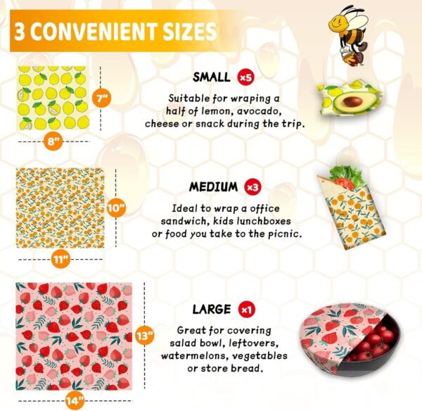 Reusable Beeswax Wrap - 9 Pack Beeswax Wraps For Food, Organic, Sustainable, Biodegradable, Zero Waste, Plastic-Free Food Storage, 1L Strawberry, 3M Orange, 5S Lemon Patterns - Image 3