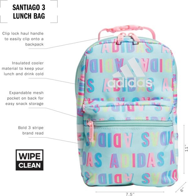 adidas Santiago Insulated Lunch Bag (6.5L) with Clip Lock Handle, Hall Pass Semi Flash Aqua/Pink Spark, One Size - Image 2