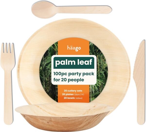 100 Pack Palm Leaf Plates Party Tableware for 20 Guests | 20 Round Plates 9" + 20 Bowls 16oz + 60 Wooden Bamboo Cutlery (Forks Spoons Knives) | Better than Disposable Bamboo Plates & Plastic