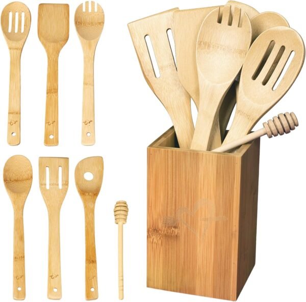 IGA Organic Bamboo Cooking Utensils Set Spoons, Spatulas With Holder For High Heat Resistant In Nonstick Pots, Pans & Cast Irons Skillets (8-Piece Set) Great Gift Idea For Everyday Use - Image 8