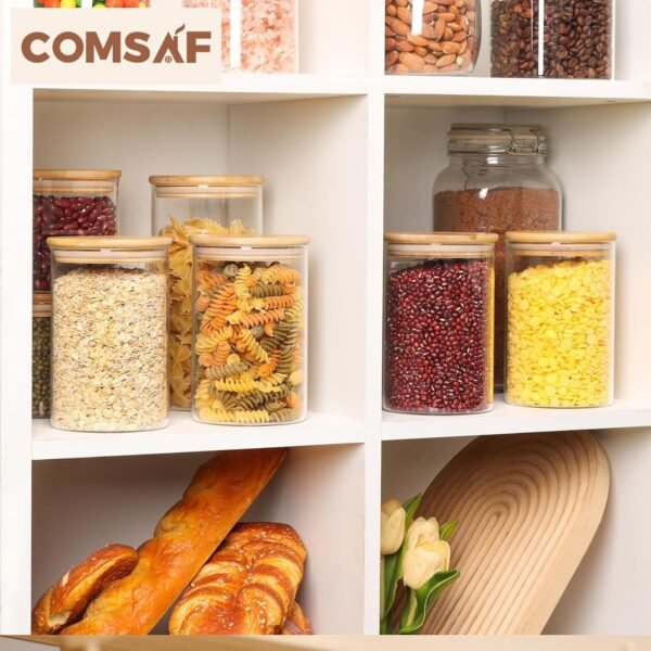 ComSaf 32oz Glass Storage Containers with Lids, Glass Jars with Lids, Clear Food Storage Jar, Round Glass Canister Set of 6, Pantry Organizers and Storage for Cookie Pasta Flour Rice Tea Coffee Bean - Image 5
