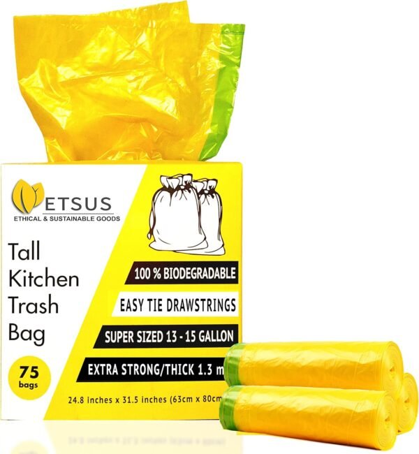 Biodegradable Trash Bags for 13 Gallon | 50 Liter Bin, Plant Based - 75 Count, Tall Kitchen Compost Bags with Drawstrings - Green Garbage Bags - 1.3 mil Thick Heavy Duty and Eco Friendly Trash Bags - Image 4