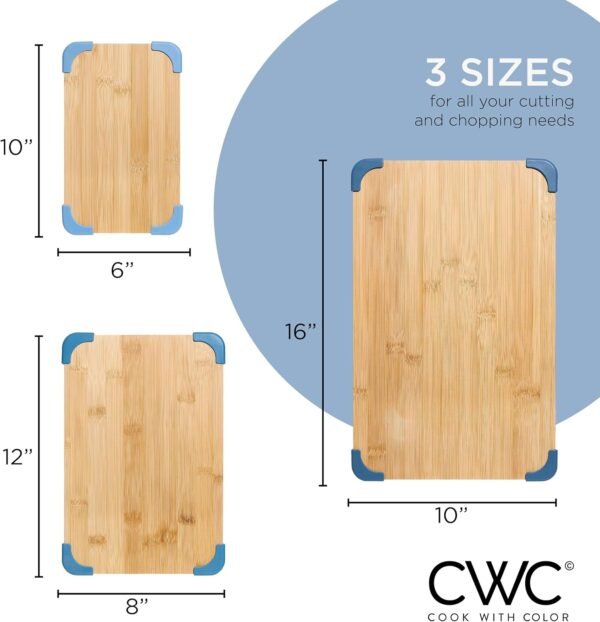 COOK WITH COLOR Non-Slip Cutting Board Set – Kitchen Essentials with Easy Grip Handle for Meat, Veggies, and Fruits, 3 Cutting Boards, Bamboo Non-Slip Light Blue - Image 3