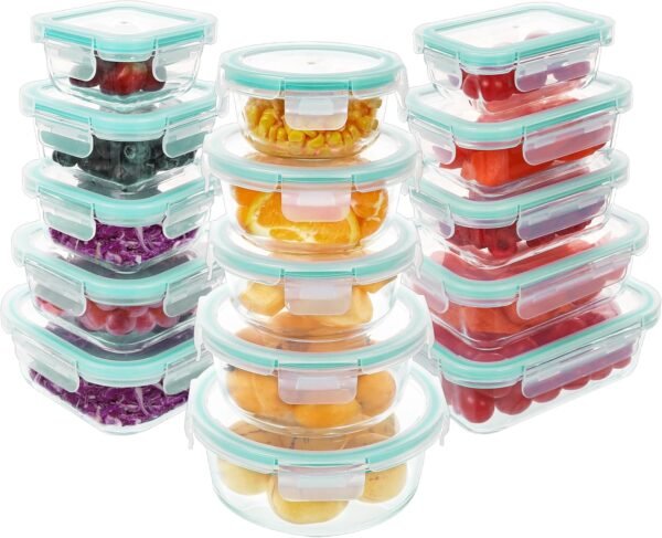 BAYZZ 30 Piece Glass Food Storage Containers Set, Glass Meal Prep Containers with Lids, Airtight Lunch Storage Containers, Microwave, Freezer and Dishwasher Safe, Green