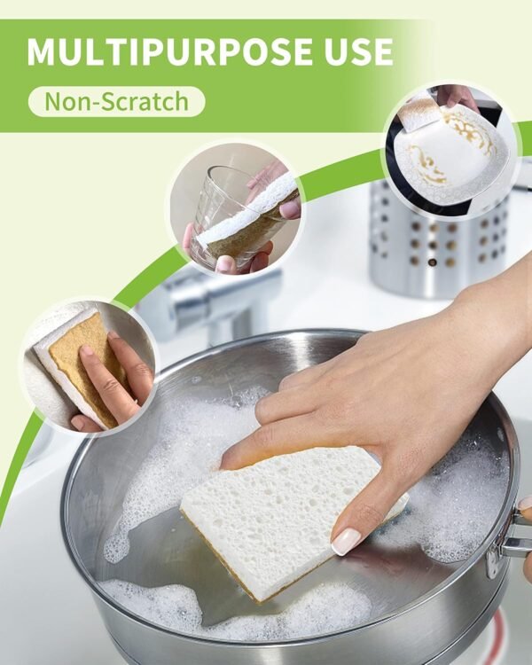 Biodegradable Natural Kitchen Sponge 12Pack, Compostable Cellulose and Coconut Walnut Scrubber Sponge - Image 5
