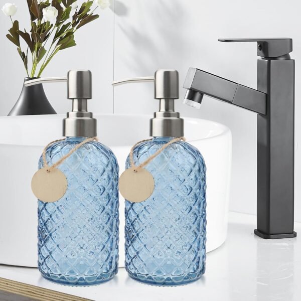 13.5Oz Gem Design Soap Dispenser with Stainless Steel Pump, Refillable Glass Soap Dispenser for Hand Soap, Dish Soap, Lotion (Blue) - Image 4